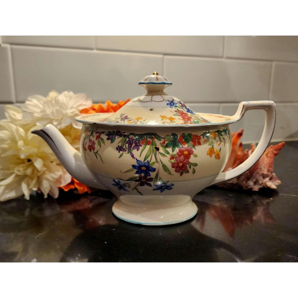 Vintage Floral Chintz Teapot W.H. Grindley Ivory Ware England 1940s Gold Trim